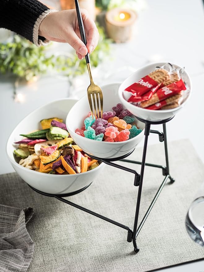 Miamolo 3 Tier Serving Bowls with Stand, Serving Dishes Chips and Dip Serving Set for Entertaining Party, Ceramic Serving Bowl Food Display for Fruit Salad Soup Snacks, Microwave & Dishwasher Safe