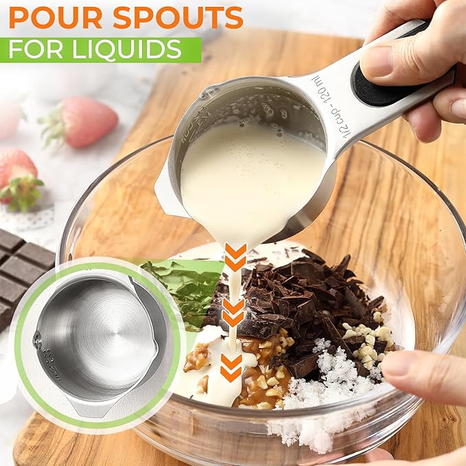 Spring Chef Dual Sided Magnetic Measuring Spoons Set, Mountain Sunrise, Set of 8 & Stainless Steel Magnetic Measuring Cups, Set of 7, Black - 2 Product Bundle