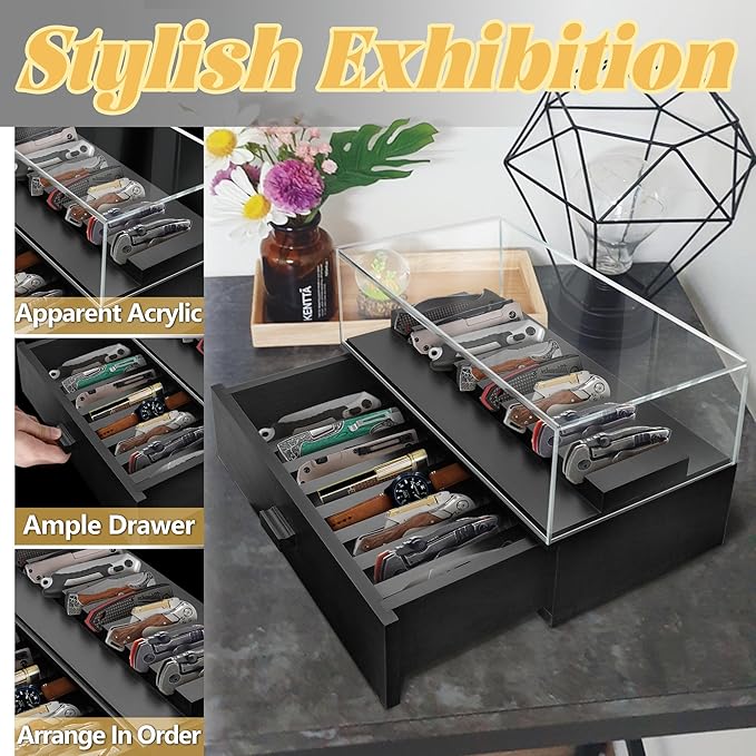 Knife Display Case,2 Tier Wooden Pocket Knife Collection Case with Acrylic Lid, Pocket Knife Storage Drawer Organizer, Black
