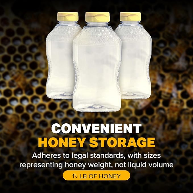Mann Lake Refillable Hourglass Honey Jars | 1.5 lb Plastic Containers with Yellow Flip-Top Lids | Empty Bottles for Honey Storage & Dispensing | 24-Pack (Honey Not Included)