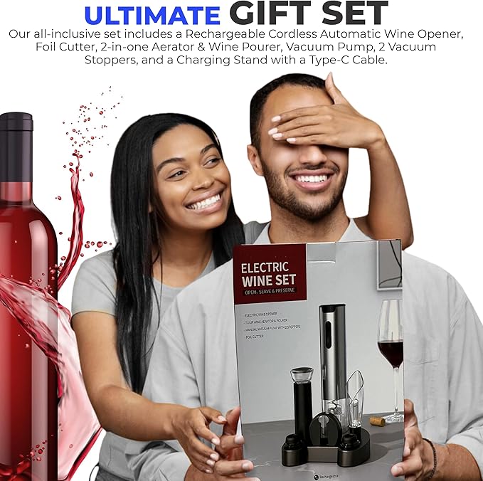 Electric Wine Opener Set with 6-in-1 Accessories, Automatic Corkscrew, Foil Cutter, Pourer, Vacuum Pump, 2 Stoppers, Charging Stand