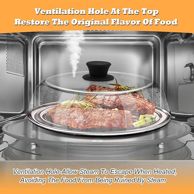 10in Glass Microwave Splatter Cover for Food, 10in Glass Microwave Cover for Food, Microwave Plate Lid with Vent Holes & Easy-Grip Handle, Dishwasher Safe, No Plastic, Food Grade,