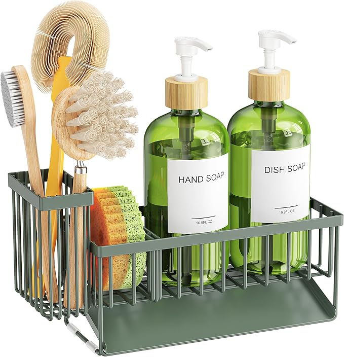Cisily Sage Green Kitchen Dish Soap Dispenser, 16 fl Oz Dual Kitchen Soap Dispensers with Sponge Holder, Customized Stainless Steel Kitchen Soap Dispenser Set, Modern Hand and Dish Soap Bottle Set