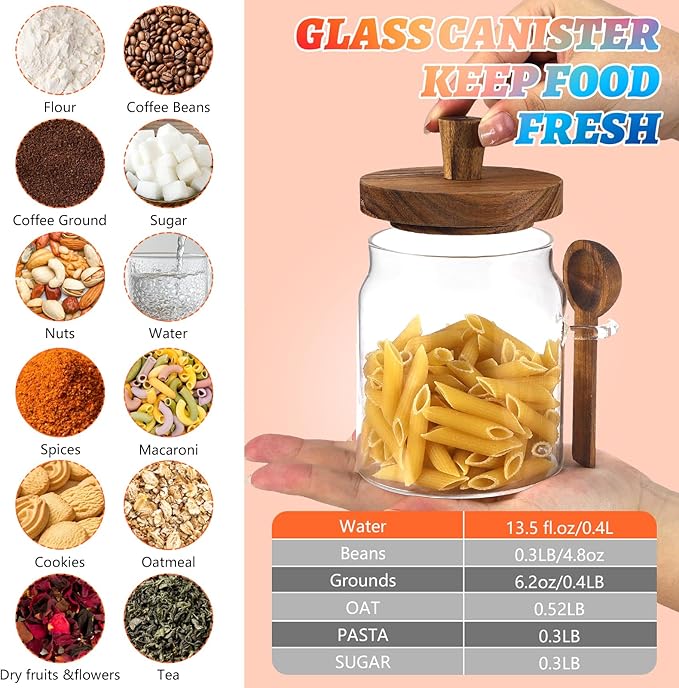 Glass Food Storage Jar with Lids Spoon Glass Coffee Canister Borosilicate Glass Food Containers for Ground Coffee Beans Nut Pasta Sugar Candy Spice Rice Tea (400ml/13.5oz-1 Pcs-with spoon)