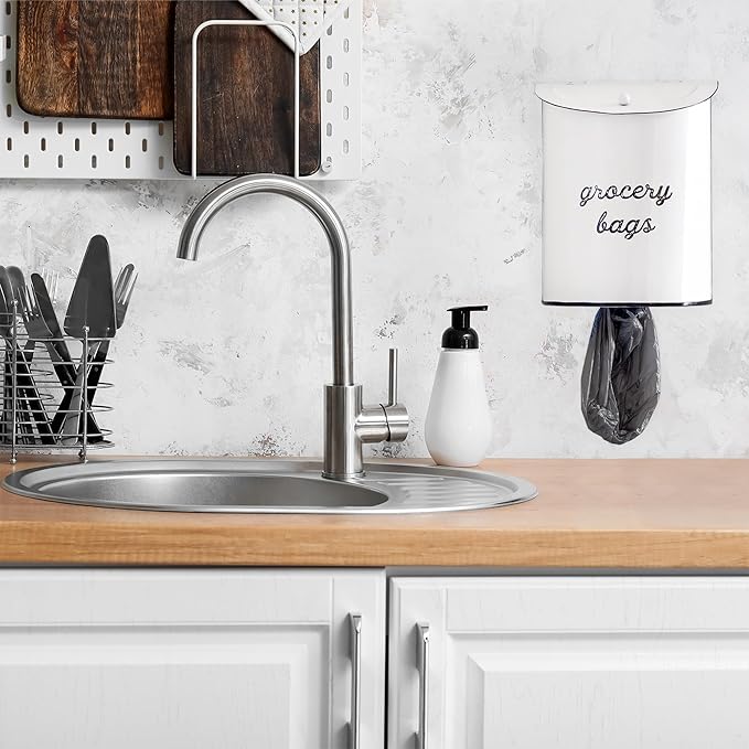 AuldHome Design Rustic Grocery Bag Holder; Wall-Mounted Vintage Enamelware Farmhouse Style Plastic Bag Dispenser for Kitchen or Laundry Room