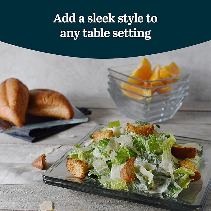 Libbey Tempo Glass Dinnerware Set, Sleek Square Clear Glass Plates and Bowls Set of 12, Dishwasher Safe Dinnerware for Parties or Everyday Use