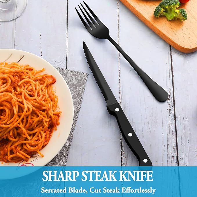 72 Pcs Black Silverware Set with Steak Knives, Stainless Steel Flatware Cutlery Set Service for 12, Kitchen Tableware Set, Utensil Set for Home and Restaurant, Knives Forks Spoon Set, Dishwasher Safe