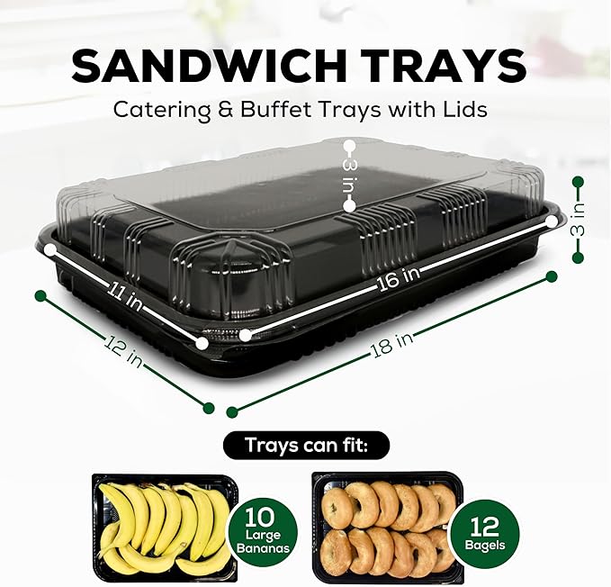 5 Pack Catering Trays with Lids – 17" Serving Tray with Lid, Heavy Duty Recyclable Plastic Party Platters for Catering, Buffet, Picnics & Events – Food Trays with Clear Lid (17.72 x 12.20 x 2.95 inch)
