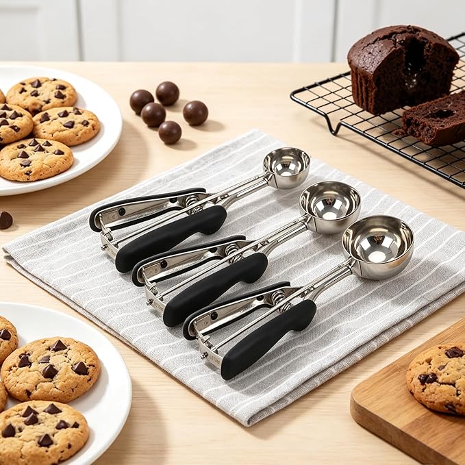 Cookie Scoop Set of 3,Black Cookie Scoops for Baking with Engraved Sizes,18/8 Stainless Steel Ice Cream Scoop with Non-Slip Soft Rubber Handles,Dough Scoopers for Cupcakes,Meatballs,Muffins