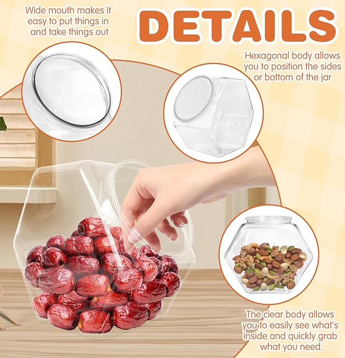 Woozettn 3 Pcs Plastic Candy Jars,Clear Cookie Jars 71 Oz for Kitchen Counter,Hexagon Cookie Jars with Lids,Plastic Dry Food Jar for Candy Buffet