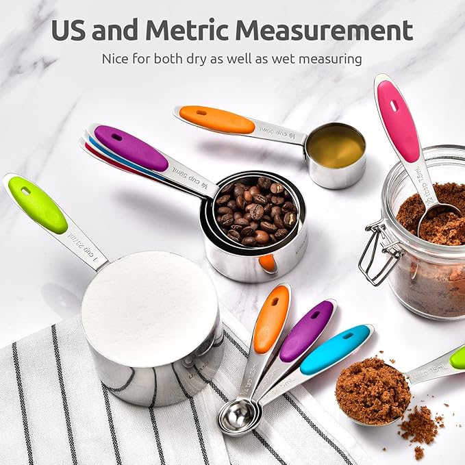 U-Taste Measuring Cups Spoons Set: 18/8 Stainless Steel 12 Pieces Stacking Kitchen Baking Cooking Food Measure Scoop Set, 7 Cups & 5 Spoons with Strengthened Weld Joints (Color, Upgraded Version)