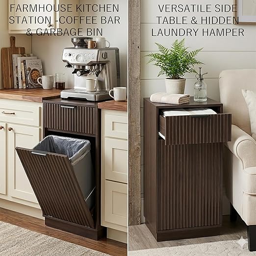 13 Gallon Tilt Out Trash Can Cabinet with Storage, Wooden Farmhouse Trash Can Kitchen Hideaway, Sturdy Freestanding Single Trash Cabinet, Pet-Proof Hidden Garbage Can Cabinet for Kitchen, (Walnut)