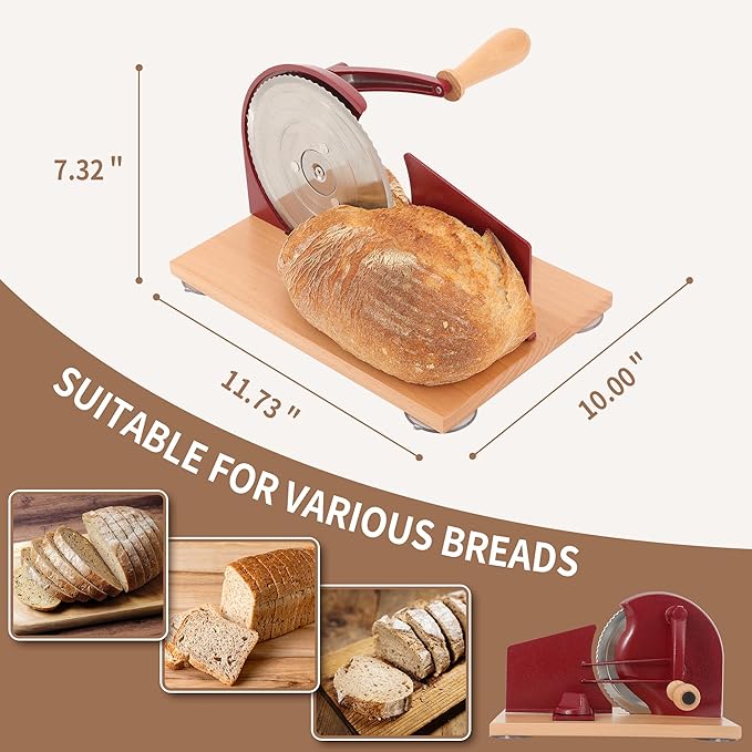 CAWIU Manual Bread Slicer with Hand Crank- Adjustable Thickness Bread Cutter for Even Slices, Perfect for Homemade Sourdough, Sandwich, and More, Red
