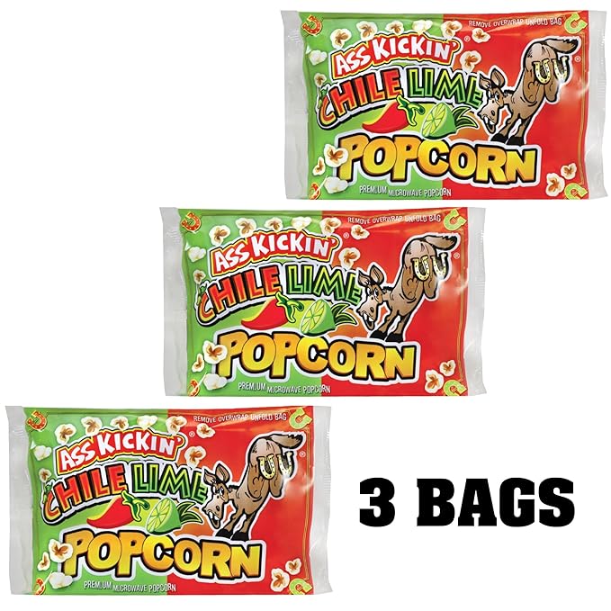 ASS KICKIN' Chile Lime Microwave Popcorn Bags - 3 Pack - Ultimate Spicy Popcorn Gourmet Gift - Makes a Great Movie Theater Popcorn or Snack Food for Movie Night