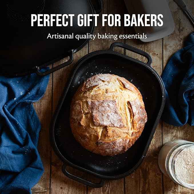 Challenger Bread Pan Cast Iron Loaf Pan with Lid & Baking Bundle: Artisan Sourdough and Homemade Bread Baking Kit, Walnut Bench Knife, 12 Flour Sack Towels, Pre-Seasoned, Made in USA