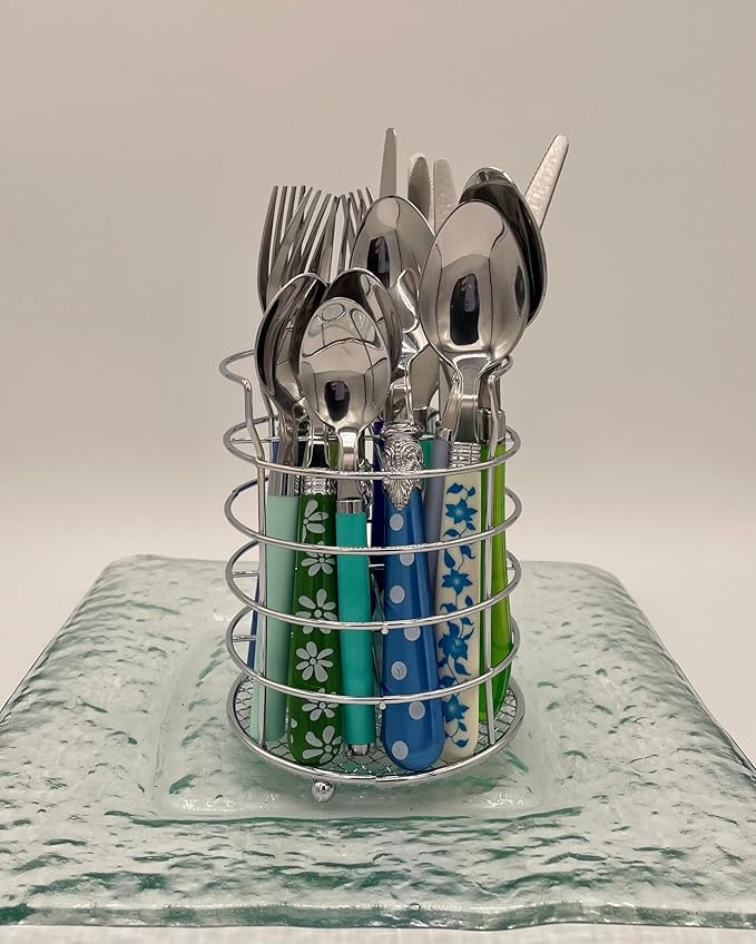 The Original Brink House Eclectic Blue Green Mix & Match Stainless Steel Cutlery Set / 16 pieces with Metal Stand/Lifestyle utensils set for home, first apartment, dorm, dinner parties