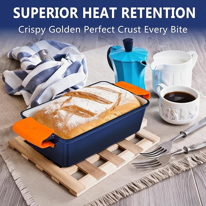 Wildone 2 in 1 Enameled Cast Iron Bread Pan with Lid, 9x5 Loaf Pans for Homemade Sourdough Bread, Cake, Meatloaf, Even Heating Bread Dutch Oven, Navy Blue