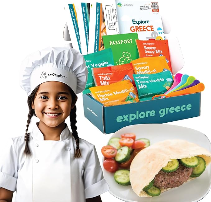 eat2explore Cooking Kits for Kids 15 Pcs – Interactive & Educational Kids Cooking Sets Real for Ages 5 and Up,3 Recipe Cards & Global Ingredients – Perfect for Families and Homeschooling (Greece)