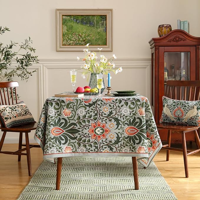 ISAENNE Designer Bohemian Linen Green Small Square Tablecloth,Floral Indoor Table Cloth,Stain Resistant Home Decor Tablecloths for Dining Thanksgiving Kitchen Party Christmas,67"*67"-Naples