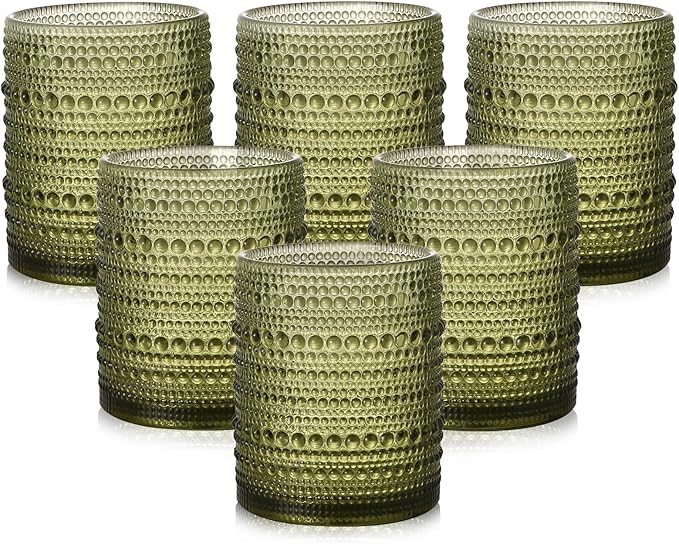 ZMOWIPDL Vintage Glassware Drinking Glasses Set of 6,12 oz Hobnail Glass Cups,Embossed Green Water Tumbler,for Beer,Cocktail,Whiskey,Juice and Various Mixed Drinks- 1 Cleaning Brush
