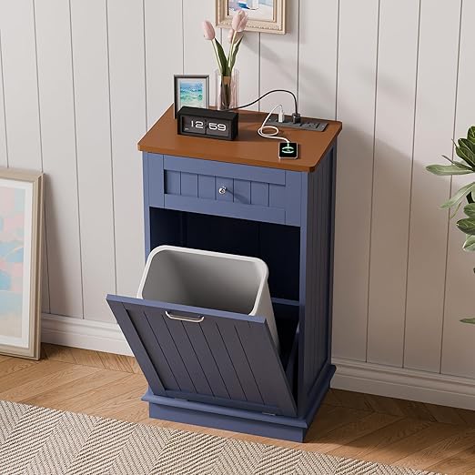 Betterhood Double Tilt Out Trash Cabinet with Power Outlet, 10 Gallon Trash Cabinet with Storage,Pet Proof Trash Can with 2 AC & USB Sockets for Kitchen,Living Room (Blue, Single Door)