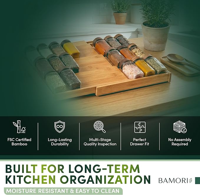 Bamboo Spice Drawer Organizer – Expandable 4 Tiered Spice Rack Insert for Kitchen Drawer – Premium Bamboo Seasoning Organizer for Drawer Storage (Need 3" Deep Drawer)