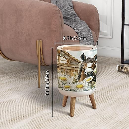Trash Can with Lid Donkey Nature Farm Animals Seamless Pattern Hand Drawn Watercolor Press Cover Round Small Garbage Bin with Wooden Legs Waste Basket for Kitchen Bedroom Nursery 7L/1.8 Gallon