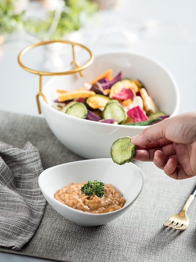 Miamolo Porcelain Serving Bowl Set for Appetizer Serving Dishes Set with 2 Compartment, Chip and Dip Taco Rack Display Salad Bar Serving Set, Gold Stand