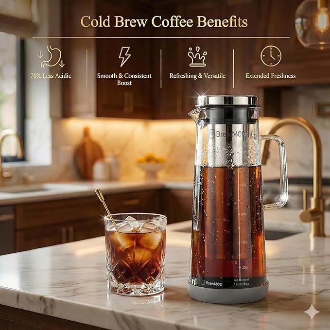 Cold Brew Coffee Maker Pitcher, 1.4L/48Oz Airtight Borosilicate Glass Carafe with 150 Mesh Precision Filter | Barista Grade Iced Coffee Maker, Integrated Glass Handle & Non Slip Base (Grey)