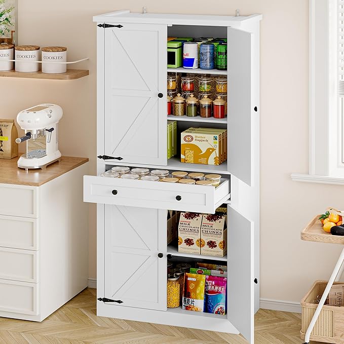 Pantry Organizers and Storage Cabinet, 70” Barn Door White Kitchen Cabinet with Drawers and Adjustable Shelf, Tall Pantry for Kitchen, Dining Room, Living Room Bedroom
