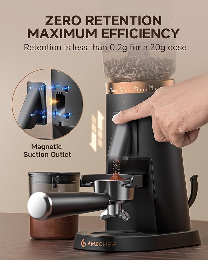 AMZCHEF Single Dose Coffee Grinder – 75 Settings Burr Grinder, 40mm Conical Burr, Anti-Static & Low-Retention Design, Quiet DC Motor with Magnetic Outlet & Vacuum Dosing Cup for Espresso, French Press