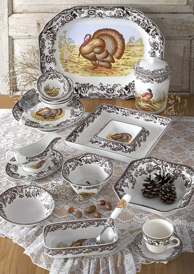 Spode Woodland 12" Square Chip and Dip - Turkey Centerpiece Serving Dish, Fine Porcelain Holiday Serveware, Thanksgiving Platter for Chips, Crudités, Shrimp - Dishwasher, Microwave Safe
