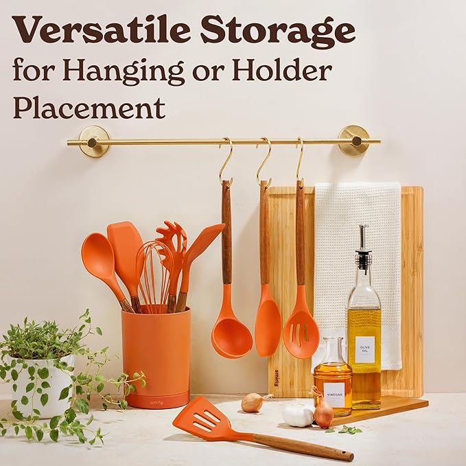 Silicone Kitchen Utensils Set & Holder: Cooking Utensils Set - Kitchen Essentials for New Home & 1st Apartment- Silicone Spatula Set, Cooking Spoons for Nonstick Cookware (Acacia Wood, Oange)
