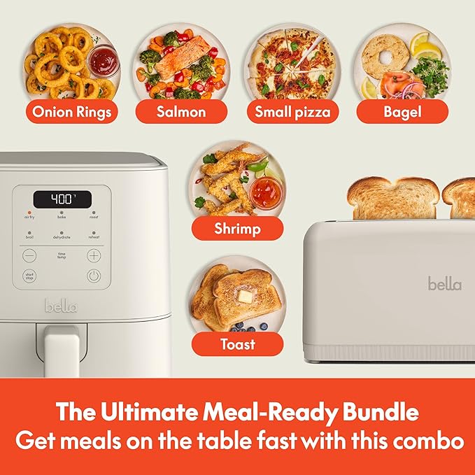 BELLA Slim 2 Slice Toaster + 4Qt Slim Air Fryer, Fits-anywhere™ Kitchenware, Small Air Fryer w 6 Preset Cooking Options and Slim Toaster w 6 Shades Control, Oatmilk