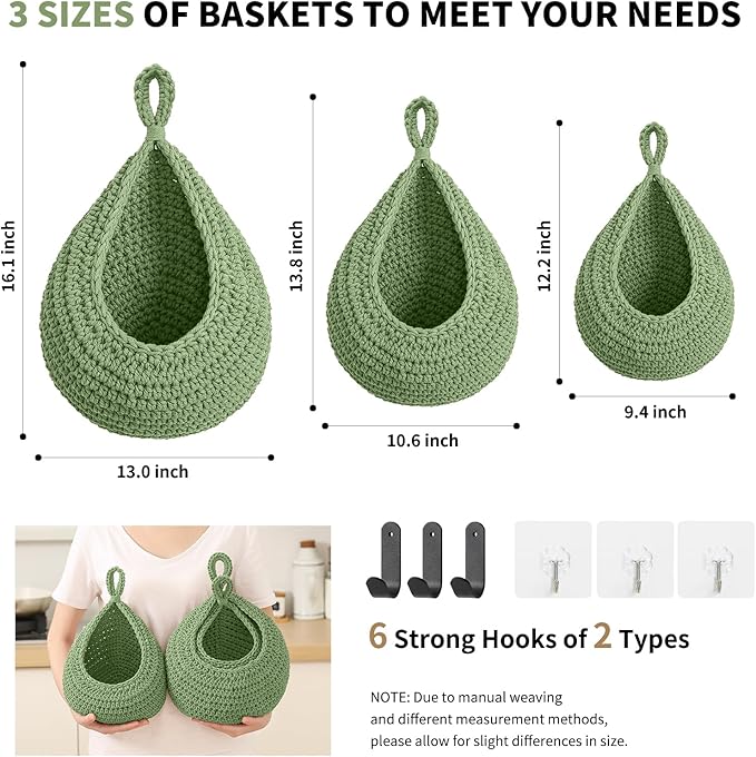 Boho Wall Hanging Fruit Baskets for Kitchen 3 Pack Woven Produce Holder with 6 Pcs Strong Hooks Vegetable Hanging Basket for Organizing Teardrop Home Wall Potato Onion Storage, Green