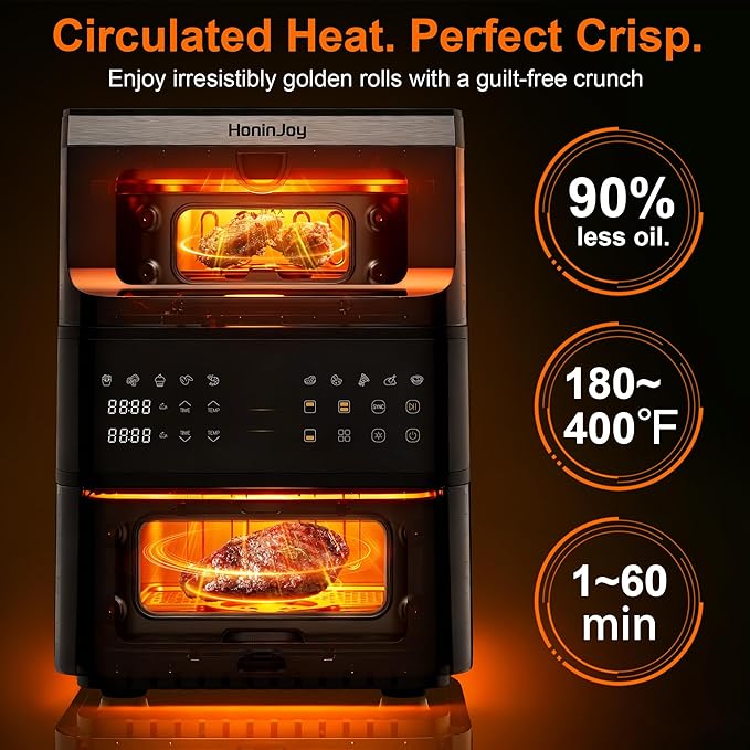 13QT Dual-Basket Air Fryer, Vertical Compact Large Air Fryers with viewing window & Independent Light, 10-in-1 Presets for Home Family, Bake/Grill/Dehydrate/Reheat, Freidora De Aire Dishwasher-Safe