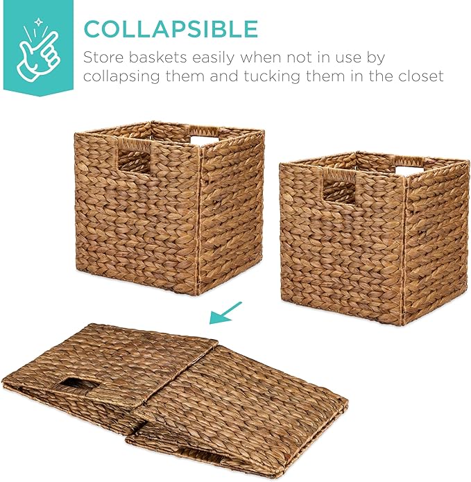 Best Choice Products 10.5x10.5in Pack of 5 Cube Storage Baskets, Water Hyacinth Multipurpose Collapsible Organizers, Handwoven Laundry Totes for Laundry, Living Room, Kids Room & Nursery - Chestnut