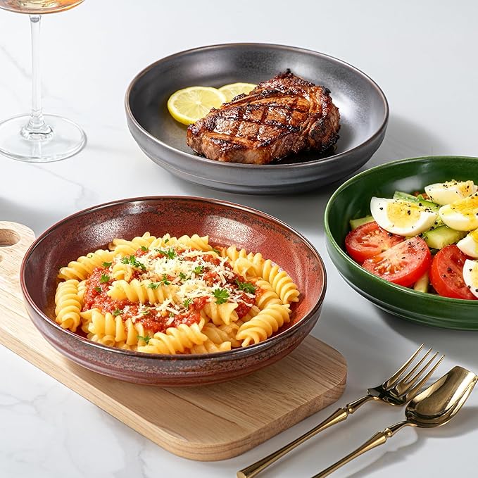 HAPPY KIT Pasta Bowls 42 Oz, Stoneware Reactive Glaze Serving Bowl Set of 4, 9'' Large Salad Bowls for Fruits, Noodle, Dinner, House-warming Wedding Present, Emerald Green