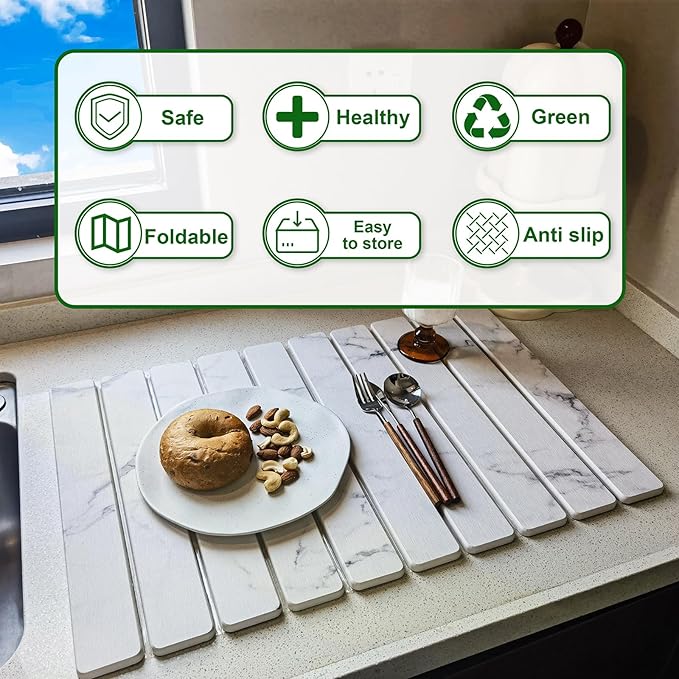 Large Stone Dish Drying Mat for Kitchen Counter, 24"×16" Quick Dry Collapsible Diatomaceous Earth Mat – Super Absorbent Foldable Drying Pad for Dishes (Marble White, 23.2" x 15.4")