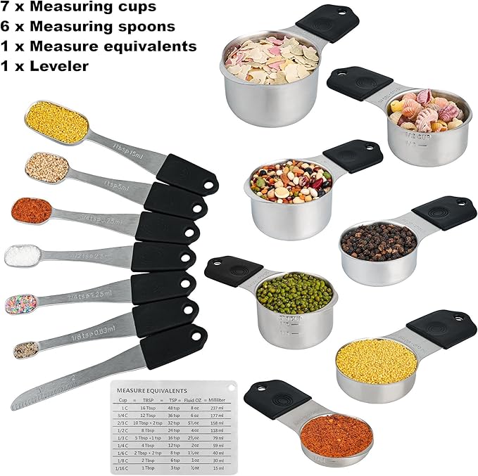 Smithcraft Magnetic Measuring Cups & Spoons Set 15, Stainless Steel Measuring Cups and Spoons Set, Heavy Duty Metal Measuring Cup & Spoon with Leveler & Measure Equivalents for Cooking & Baking