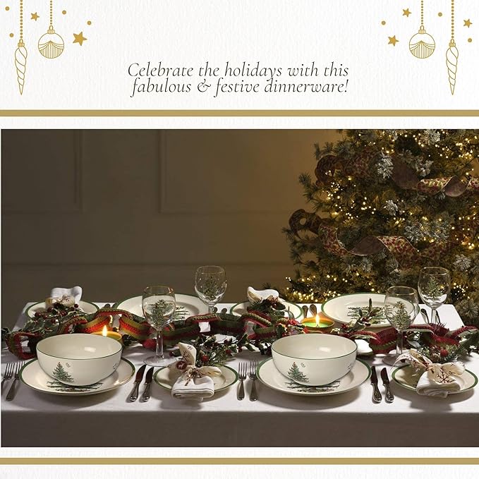 Spode Christmas Tree Large Round Bowl - 10-Inch Porcelain Serving Dish for Salad, Pasta & Side Dishes - Iconic Holiday Design with Green Trim, Dishwasher, Microwave Safe - Festive Gatherings