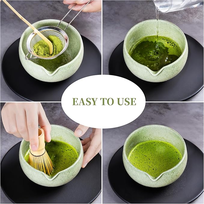 YIBO Matcha Whisk Set With Bowl, Ceramic Matcha Making Kit Includes Bamboo Whisk (Chasen), Holder Stand, Powder Starter Sifter, Scoop, Measuring Spoon & Cup Tea Tools For Ceremony (Mottled Green)