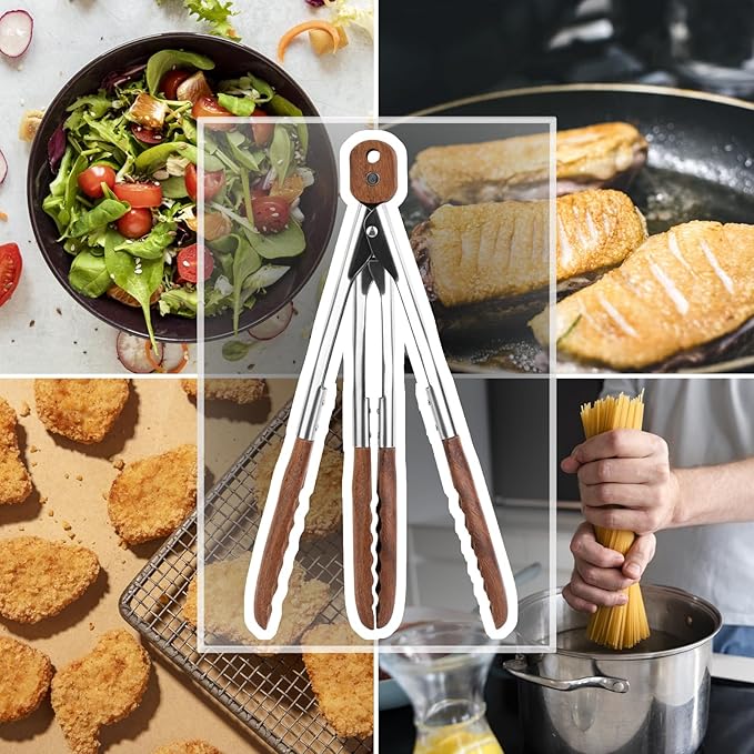 Kitchen Tongs Set - 9" & 12" Anti-Slip Long Wooden Cooking Tongs for BBQ, Grilling, Salad Tossing & Serving - Heat Resistant, Non-Stick Stainless Steel Handles with Hanging Hole