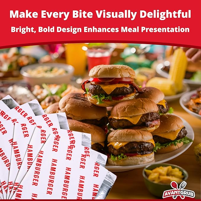 Retro, Grease Proof Burger Wrappers 10Pk. Insulated, Pro Quality Bulk Hamburger Bags are BPA Free. Large, Allergen Friendly BBQ Foil Paper Great Cooking Supply for Themed Party