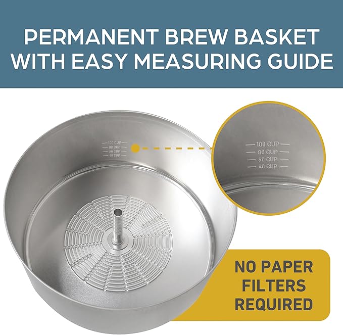 West Bend 33600 Coffee Urn Commercial Highly-Polished Aluminum NSF Approved Features Automatic Temperature Control Large Capacity with Fast Brewing and Easy Clean Up, 100-Cup, Silver