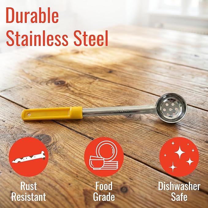 1 Ounce Slotted Stainless Steel Portion Control Ladle Spoon for Measuring and Serving; Commercial Grade Serving Scoops [Pack of 12]