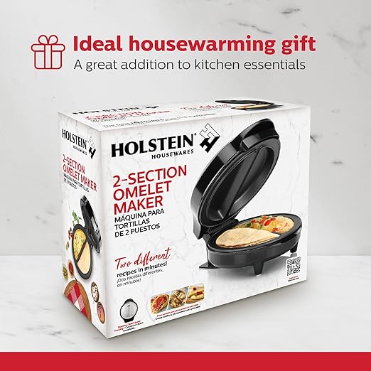 Holstein Housewares Stainless Steel 2 Section Omelet&Frittata Maker,Non Stick Coating,Easy To Clean,Indicator Lights,Compact Storage,Prepare Versatile Recipes in Minutes. 2 Portions,Black,(Pack of 6)