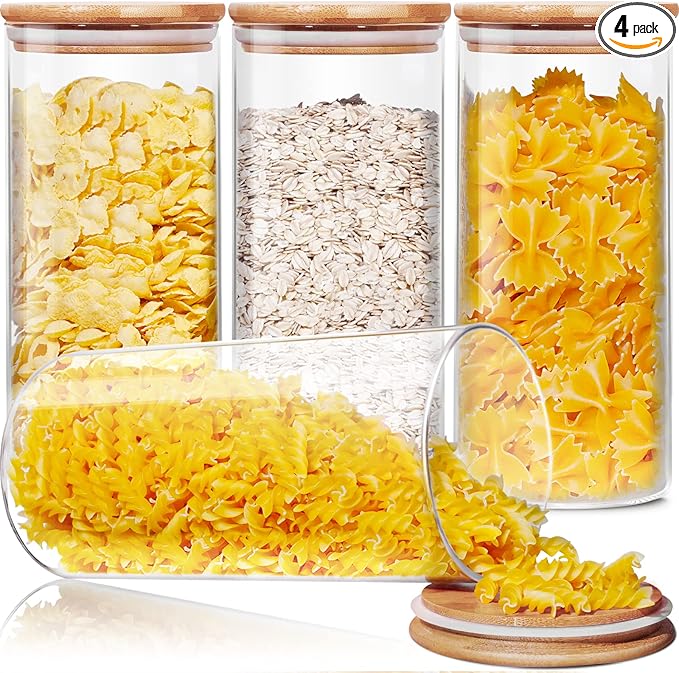 HomArtist Glass Jars with Bamboo Lids 53 FL OZ [Set of 4], Glass Canisters with Airtight Lids, Glass Food Storage Containers for Pasta, Oats, Coffee, Flour, Sugar, Rice, Best for Kitchen & Pantry