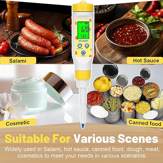 Digital pH Meter for Food Fermentation and Canning, Smart Food pH Tester with High Accuracy Spear Probe for Sourdough, Salsa and Hot Sauces, pH Test Pen with ATC for Solid and Liquid