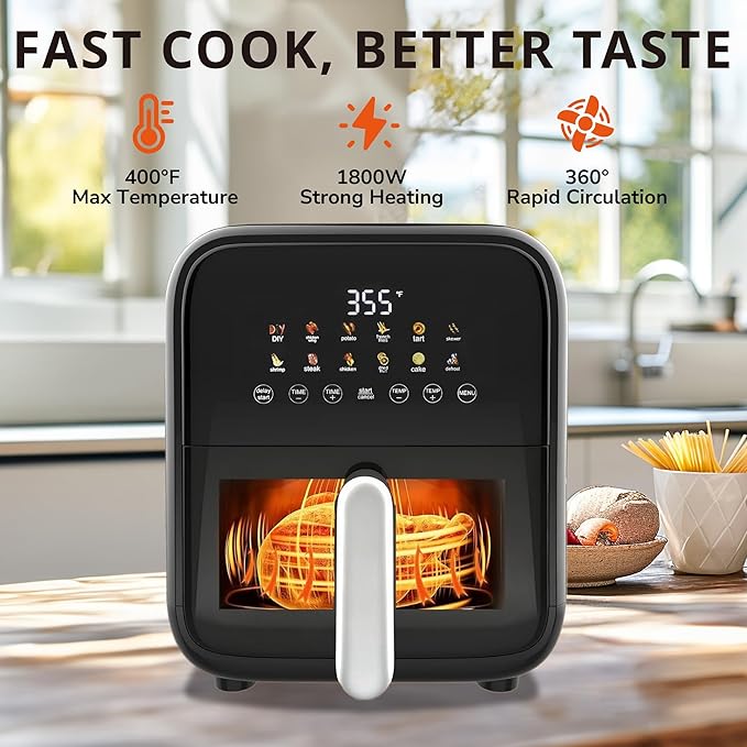 Hexago 12-in-1 Air Fryer, 7.5 QT Air Fryer with Clear Window and Nonstick and Dishwasher-Safe Basket, Square Digital Preset & DIY Function Airfryer, Black